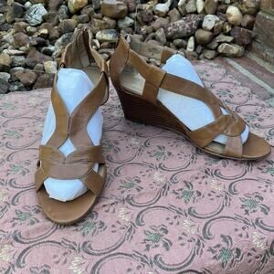 Nine West Sandals Women's 9M Wedge Zip Brown Leather Strappy